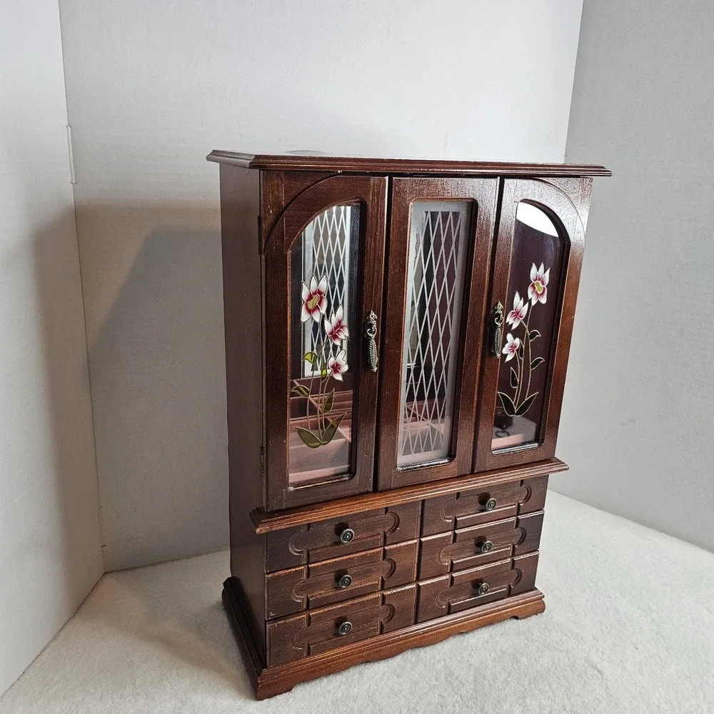 Vintage Wood 2 Door Jewelry Box Armoire Style Cabinet w Mirror Organizer Drawers